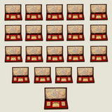 Elegant gold plated Radha Krishna photo frame with engraved prayer box featuring red velvet interior and golden plaques