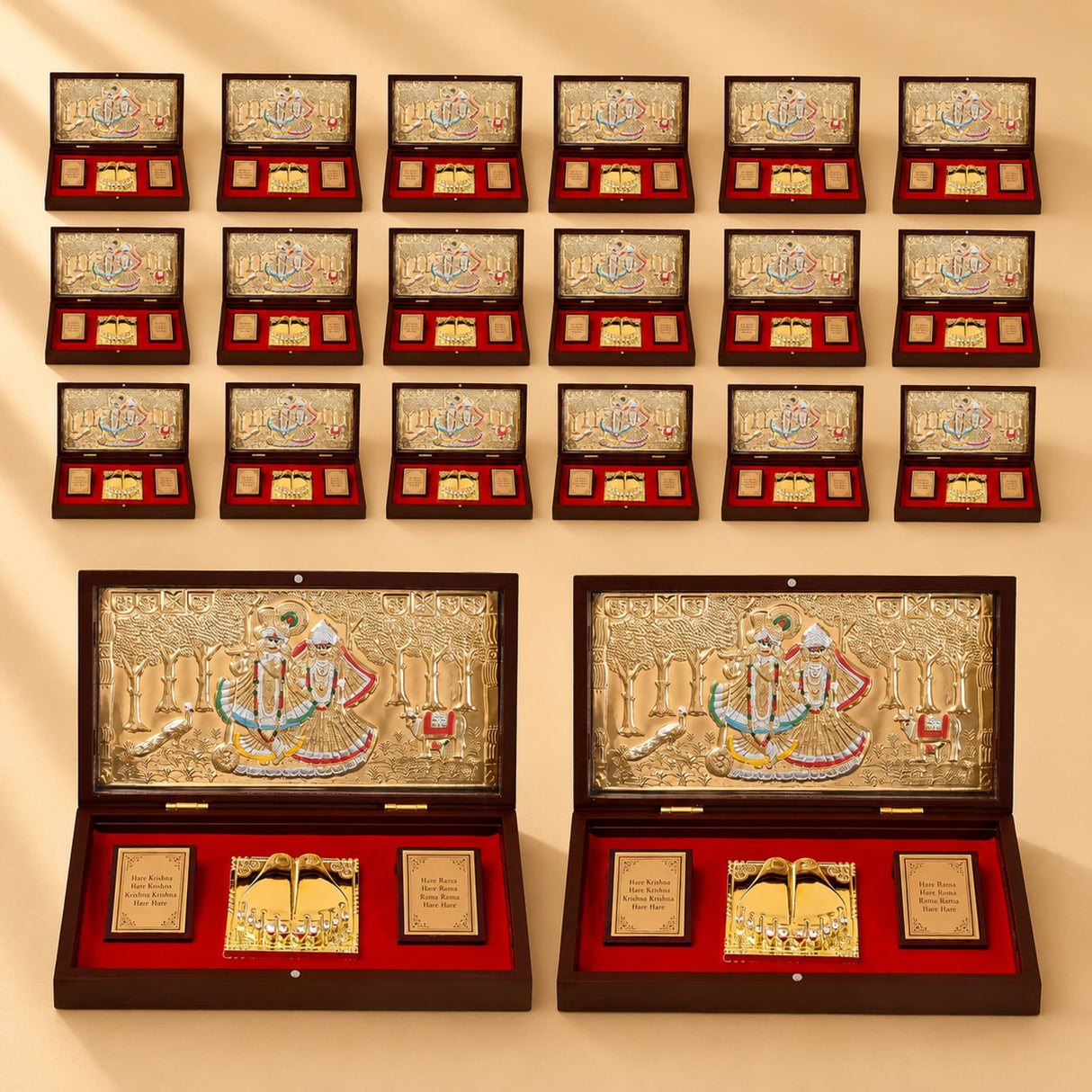 Gold plated radha krishna photo frame with golden ornate plaques, dark wood frame, red velvet interior, spiritual hindu decor