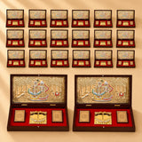 Gold plated radha krishna photo frame with golden ornate plaques, dark wood frame, red velvet interior, spiritual hindu decor