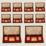 Large gold plated Radha Krishna photo frame with charan paduka in a dark wood box with red velvet lining for pooja