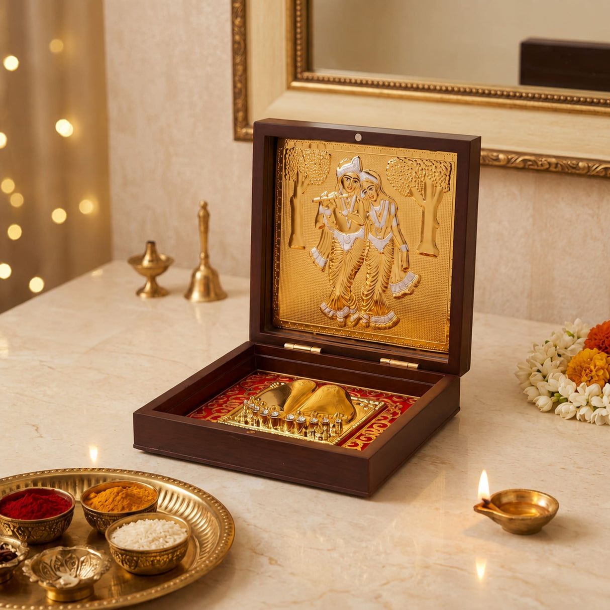 A dark brown wooden gold plated Radha Krishna photo frame with embossed figures and gold decorative items inside