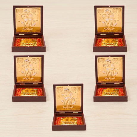 Gold plated radha krishna deity figurines embossed in golden color nestled in dark brown wooden boxes with red linings
