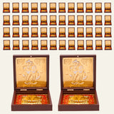 Gold plated radha krishna photo frame with intricate embossed couple design in golden box with red patterned interior