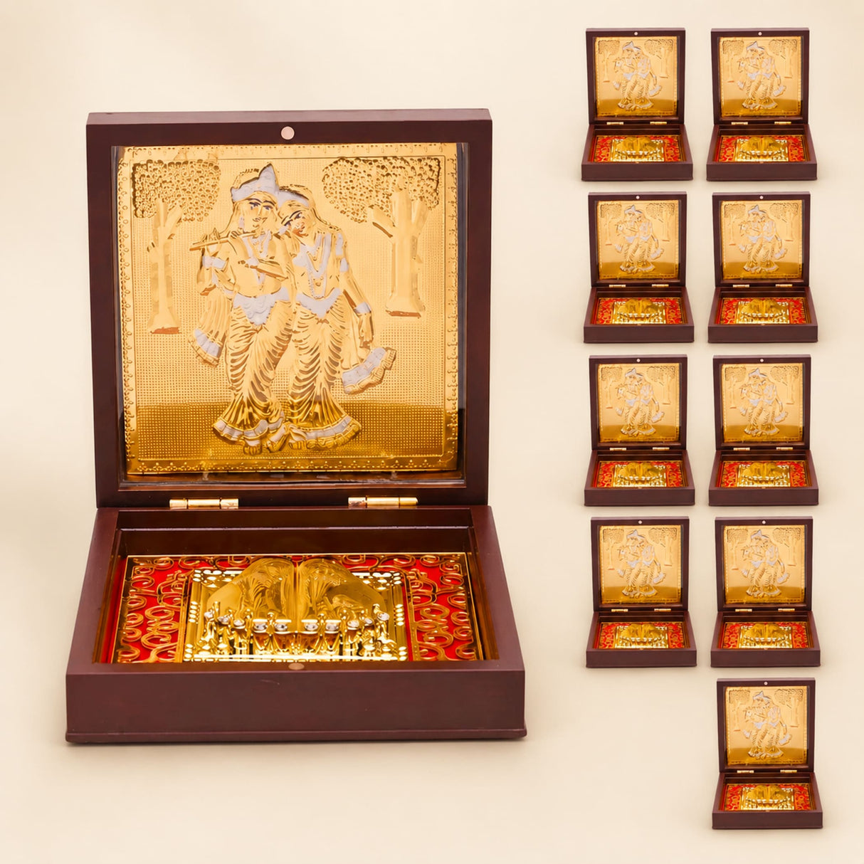 Gold plated radha krishna photo frame with embossed design and red patterned interior for spiritual home decor