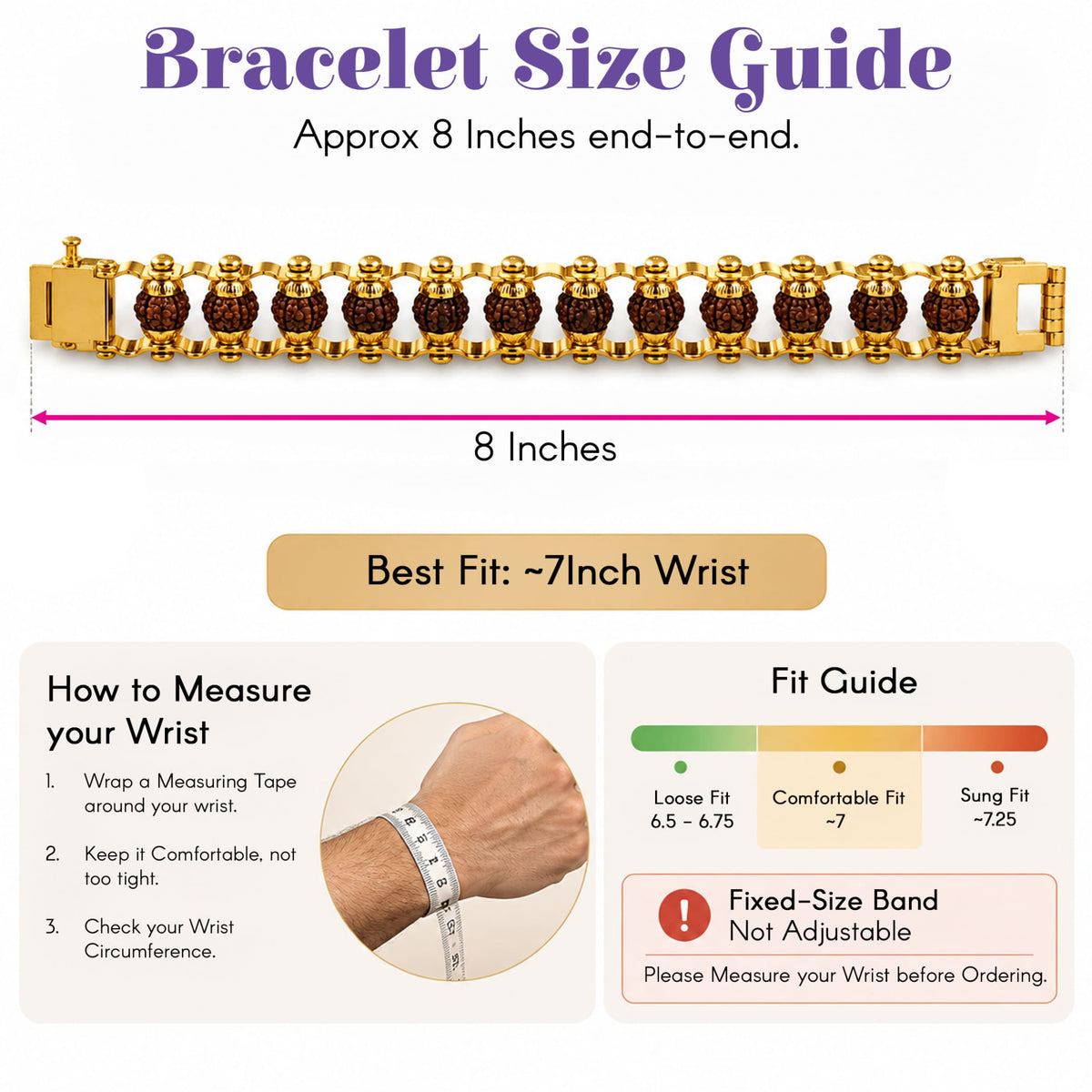 Gold-plated mens bracelet with dark brown rudraksha beads in a repeating pattern for meditation and positive energy