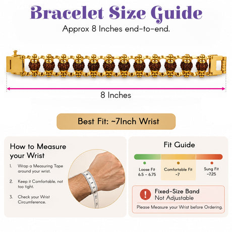 Gold-plated mens bracelet with dark brown rudraksha beads in a repeating pattern for meditation and positive energy