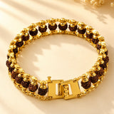 Gold-plated 5 face original rudraksha beads bracelet for men with dark brown textured beads and polished metallic links