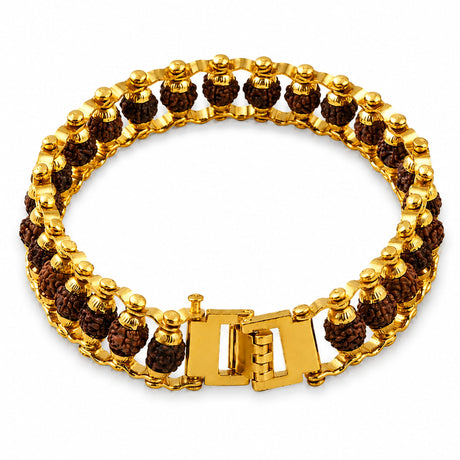 Gold-plated rudraksha beads bracelet for men with gold-toned metallic links for meditation and positive energy