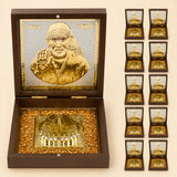 Gold plated sai baba photo frame with golden embossed portrait in dark wood box with ornate gold interior for home temple decor