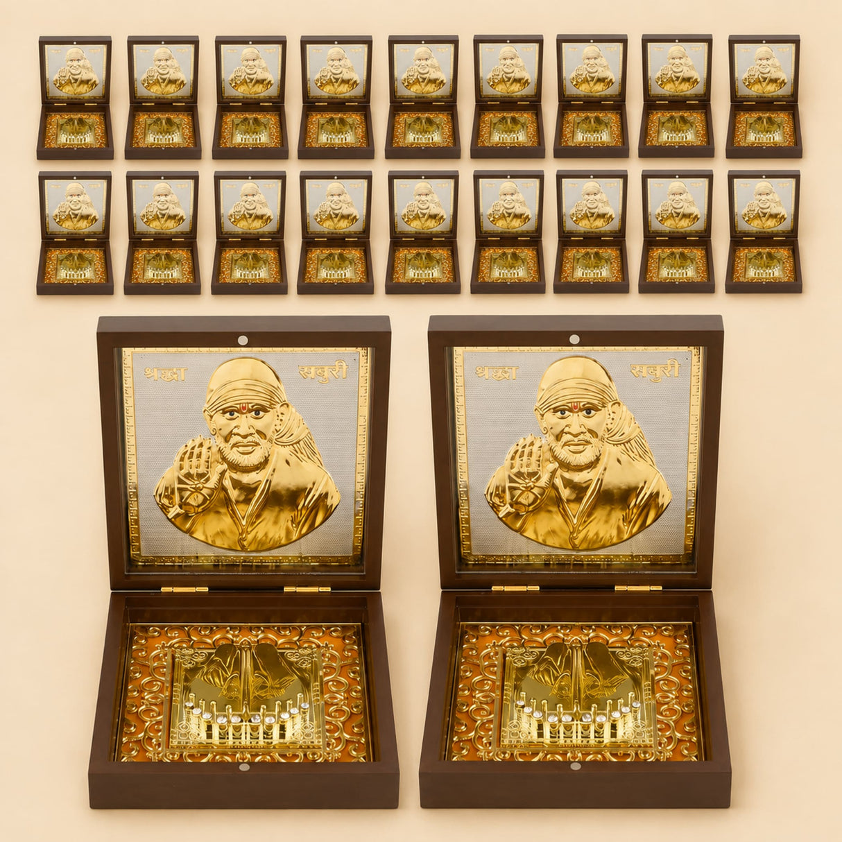 Gold plated sai baba photo frame with ornate dark wood box gold detailing sanskrit inscriptions for home temple decor