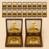 Gold plated sai baba photo frame with ornate dark wood box gold detailing sanskrit inscriptions for home temple decor