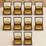 Gold plated sai baba photo frame with golden metallic portrait and charan paduka in dark brown wooden box with gold foil lining