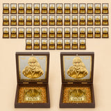 Gold plated sai baba photo frame with charan paduka in a golden portrait inside a dark wooden box with gold detailing