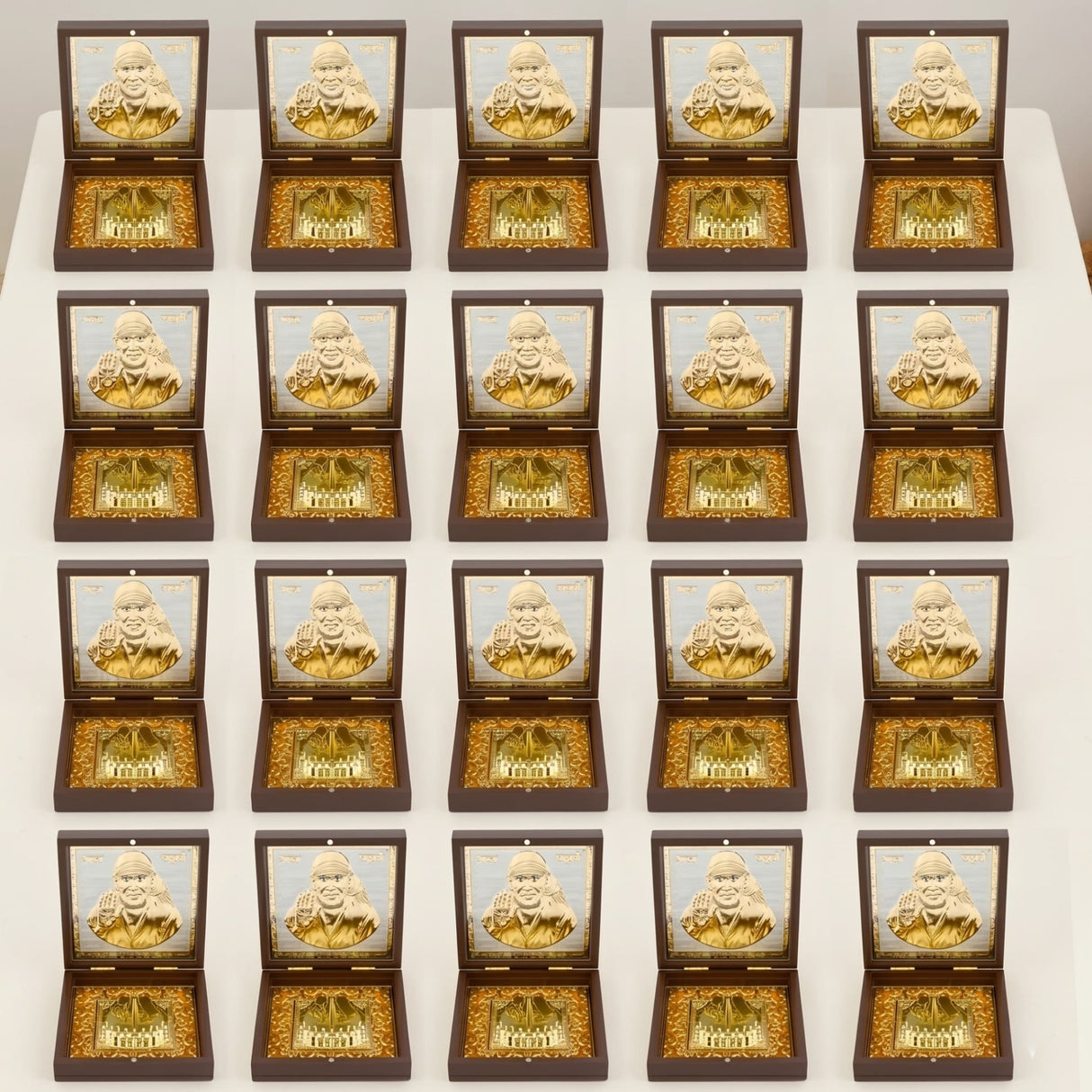 Gold embossed sai baba photo frame in dark brown wooden box with gold foil lining for hindu pooja and gifting