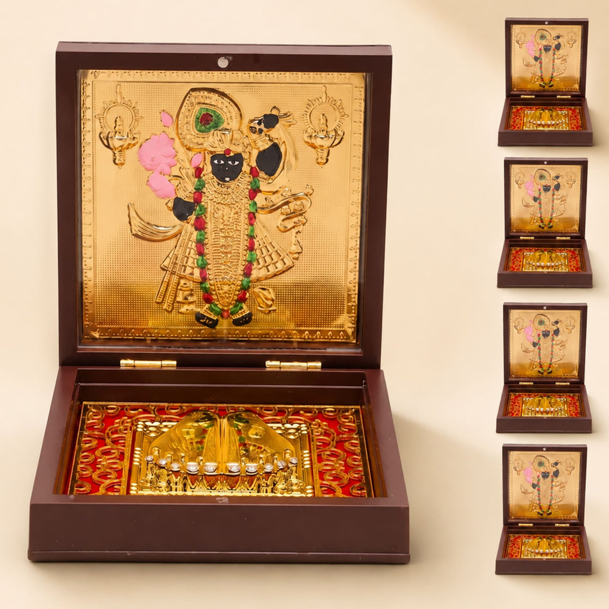Gold plated shrinath krishna deity figurine in dark brown wooden box with red and gold interior for home temple decor