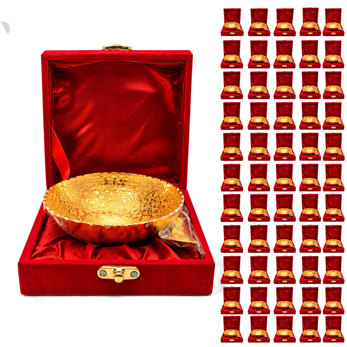 Golden ornate german silver bowl in plush red velvet box gold-tone dessert serving set for pooja housewarming eid diwali gifts