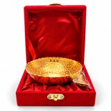 Gold-tone german silver ornate bowl with floral and dragon designs in red velvet box for pooja and festive gifts