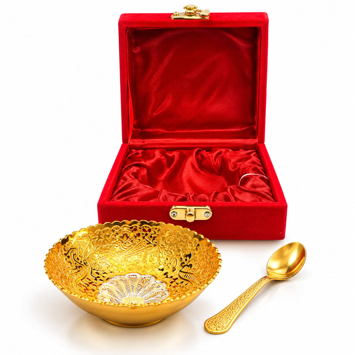 Golden two-piece german silver bowl and spoon set with intricate floral and dragon motifs for pooja and festive gifts