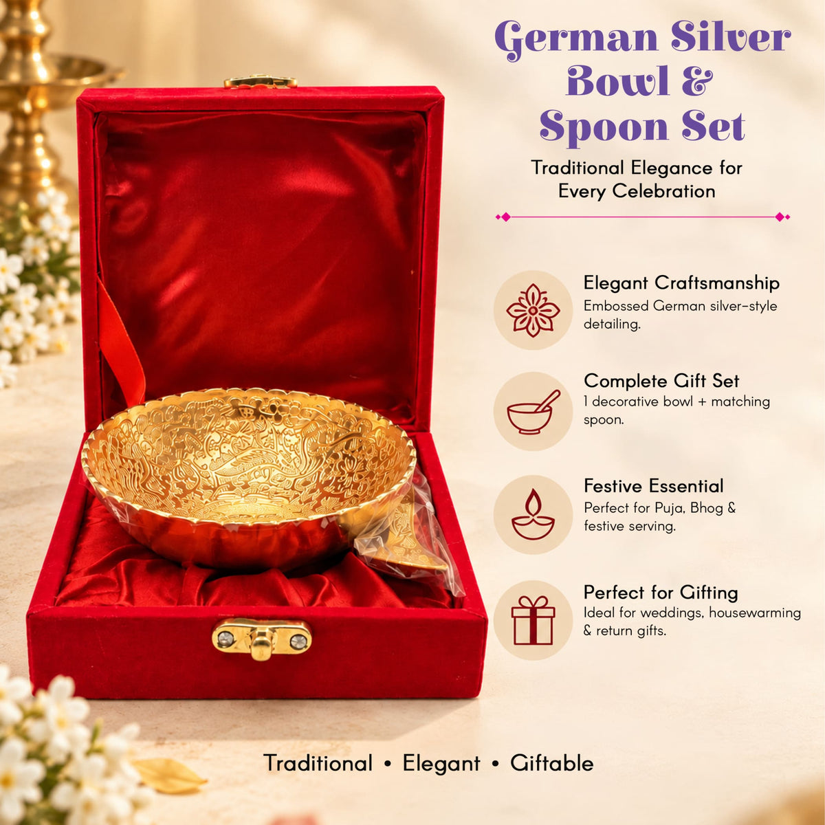 Gold-tone german silver embossed decorative bowl and spoon set in red velvet gift box for pooja and festive gifts