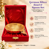 Gold-tone german silver embossed decorative bowl and spoon set in red velvet gift box for pooja and festive gifts