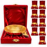 Gold-tone german silver ornate bowl in a red velvet-lined box part of a 2-piece dessert serving set for pooja and gifts