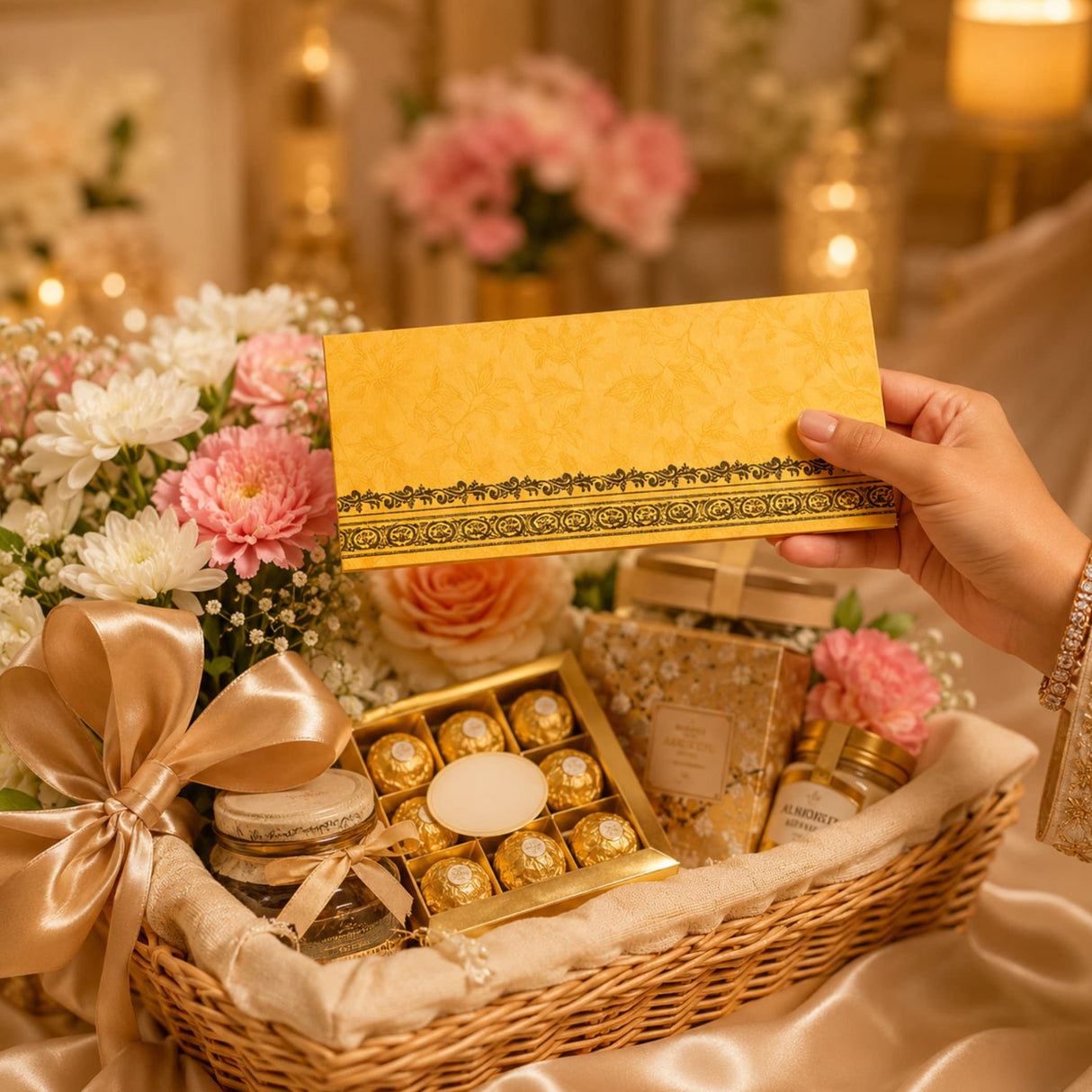 Golden ornate money envelope with decorative border held in hand for indian wedding cash gift and savings organizer