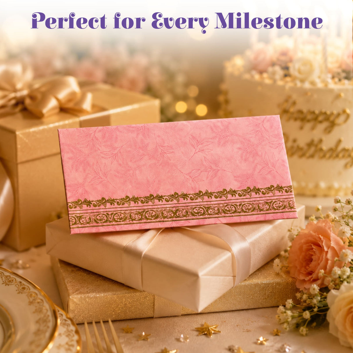 Pink floral-patterned money envelope with ornate golden border for indian wedding cash gifts and savings organizer
