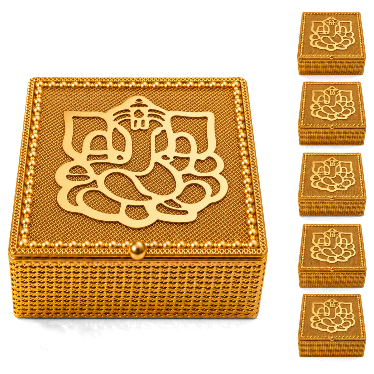 Decorative golden gift box with ganesha design featuring textured beaded border and intricate cutout for festive gifts