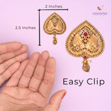 Ornate gold-toned heart-shaped earrings featured in Sari Brooch for Indian Saree wedding accessory
