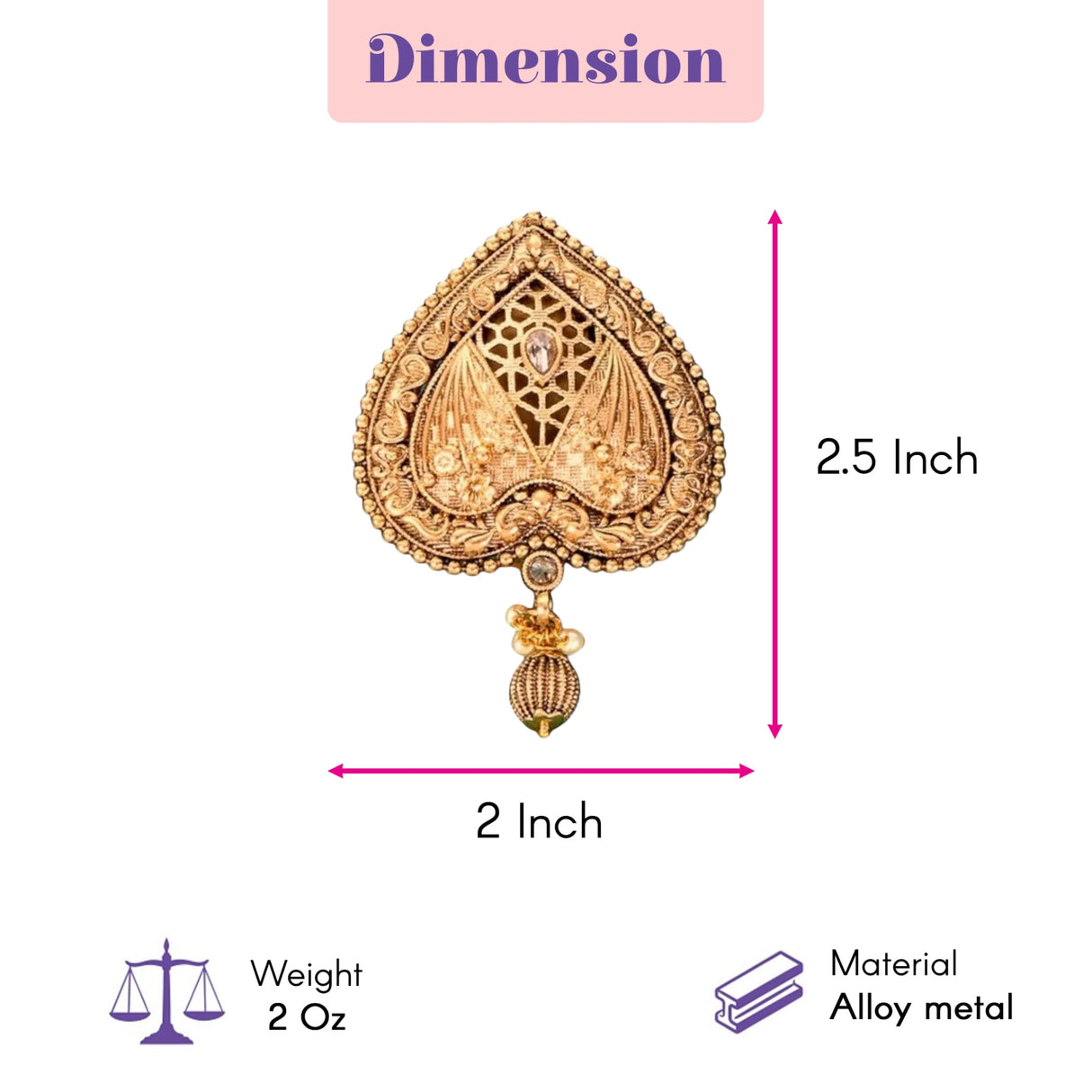 Gold-colored alloy metal heart-shaped sari brooch with intricate filigree and dangling charm for traditional bridal wear