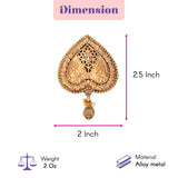 Gold-colored alloy metal heart-shaped sari brooch with intricate filigree and dangling charm for traditional bridal wear