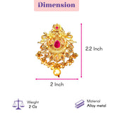Gold-colored alloy metal sari brooch with intricate floral designs red gemstone and pearl-like dangling stones for bridal wear
