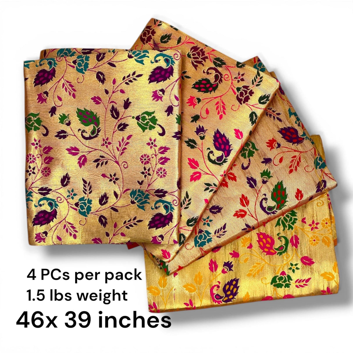 Unstitched golden meenakari blouse piece in golden silk with vibrant purple, green, pink, and teal floral and paisley patterns for saree and indian gifts