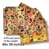 Unstitched golden meenakari blouse piece in golden silk with vibrant purple, green, pink, and teal floral and paisley patterns for saree and indian gifts