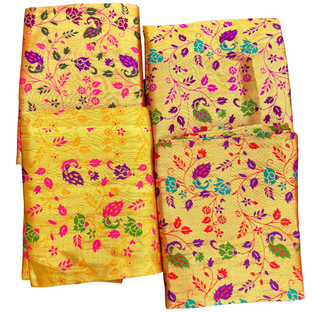 Unstitched golden meenakari blouse piece in vibrant yellow silk with intricate floral and peacock motifs for Indian gifts