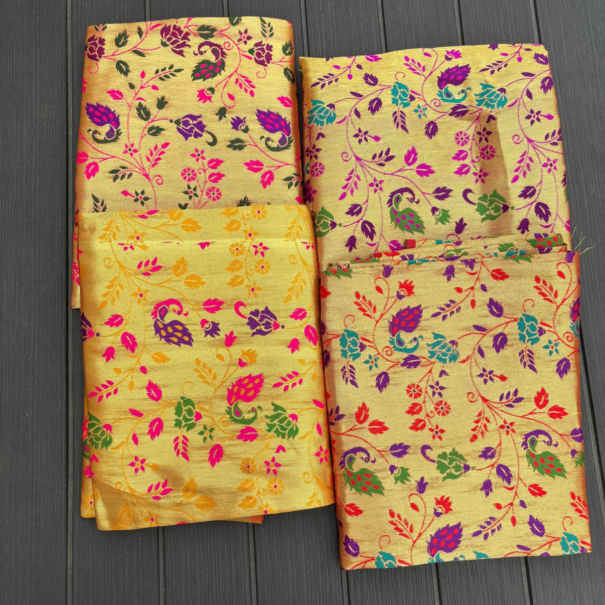 Unstitched golden meenakari blouse pieces in vibrant yellow silk with intricate floral and paisley patterns for Indian gifts