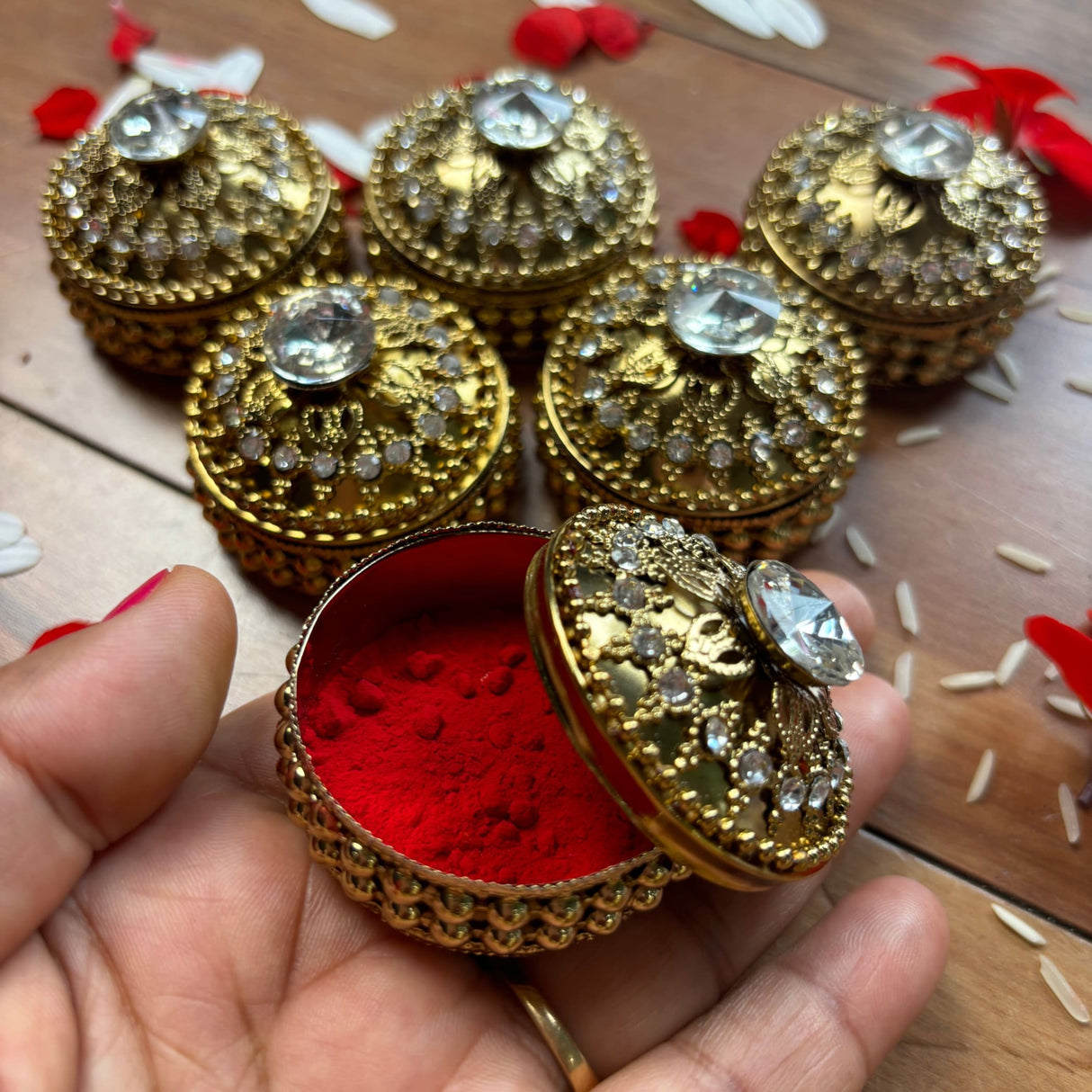 Golden metallic kumkum holder decorative sindoor roli