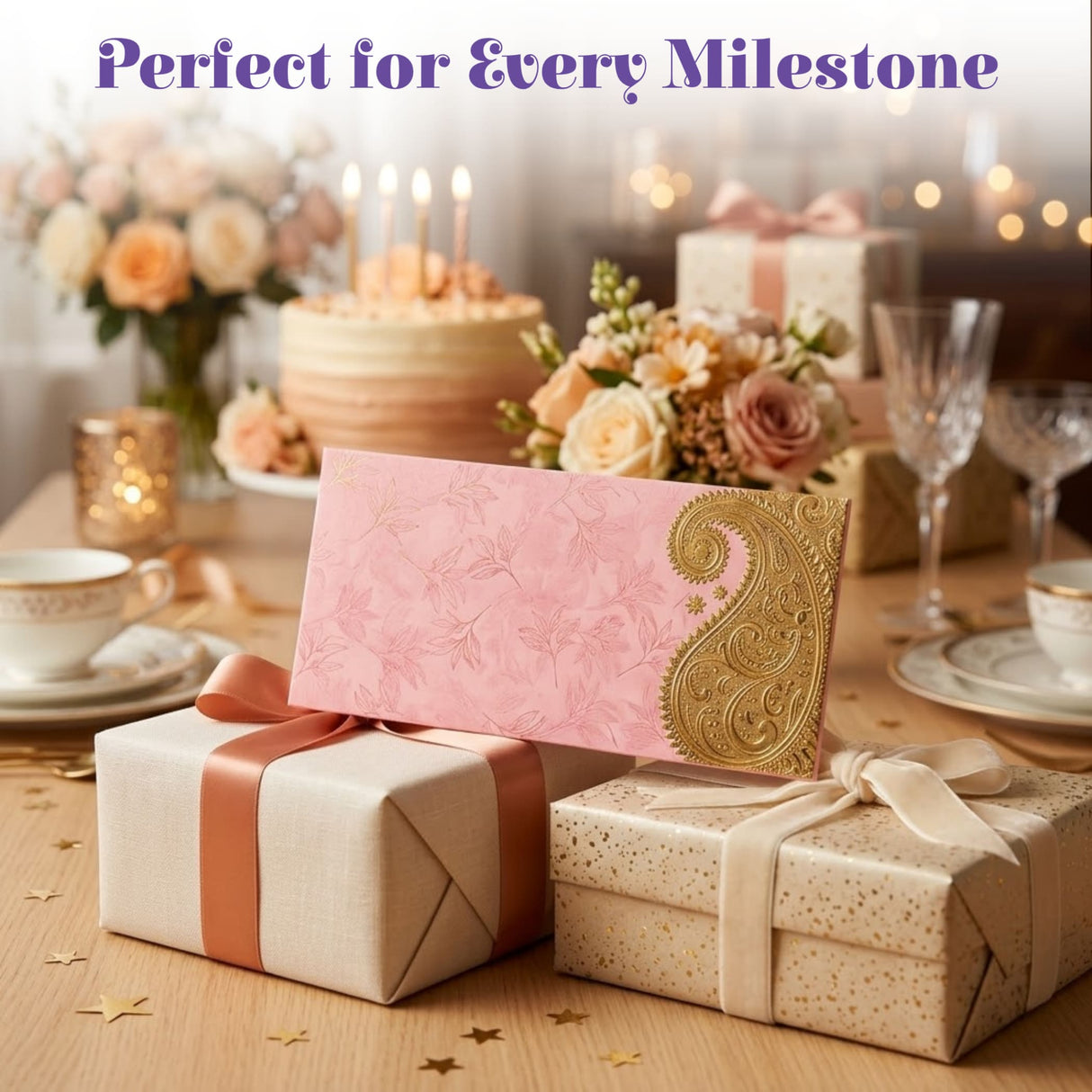 Pink money envelope with decorative golden paisley pattern for indian wedding cash gifts and home savings organizer