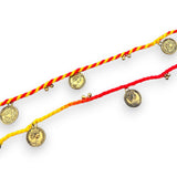 Red and yellow braided cord rakhi bracelet with gold-toned coin charms handmade for Raksha Bandhan protection gift set