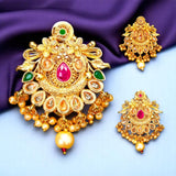 Gold-toned pendant and earrings set with colorful gemstones for Indian saree jewelry