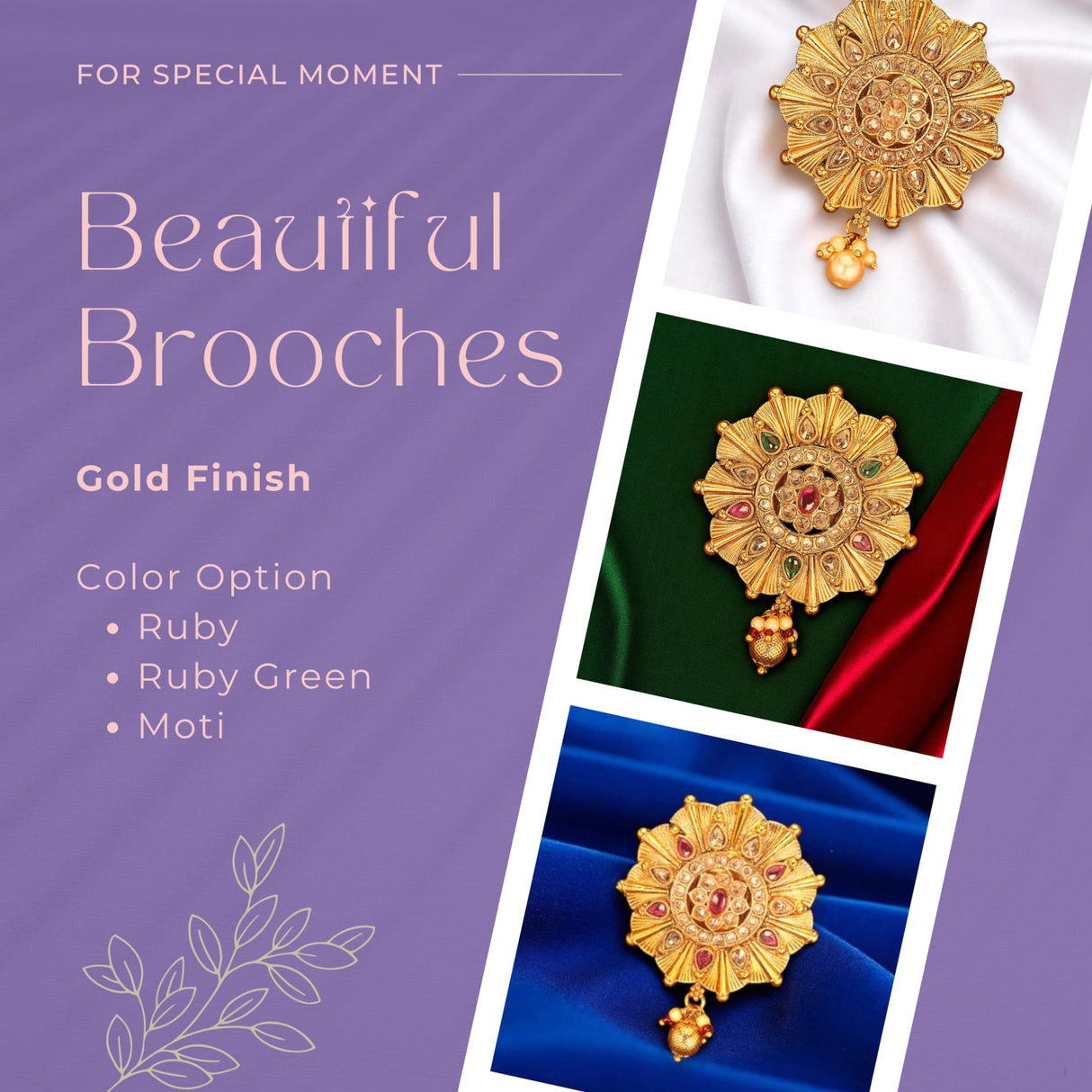 Gold-finished Kundan design saree brooch with multiple color options for Indian wedding accessories