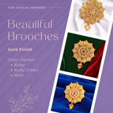 Gold-finished Kundan design saree brooch with multiple color options for Indian wedding accessories