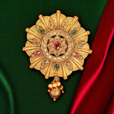 Ornate gold pendant with colorful gemstones for Indian saree bridal jewelry