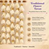 Cream-colored gotta patti net flower toran with golden fan embellishments and pearl accents for Diwali Eid and wedding decor