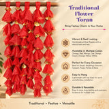 Vibrant red gotta patti net backdrop with handmade artificial flowers and gold fan accents for diwali eid weddings