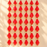 Red sheer fabric gotta patti net backdrop with gold metallic fan connectors for diwali eid and wedding decor