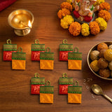 Vibrant red and gold patterned haldi kumkum fabric pouches with green embroidered borders for indian wedding thamboolam set