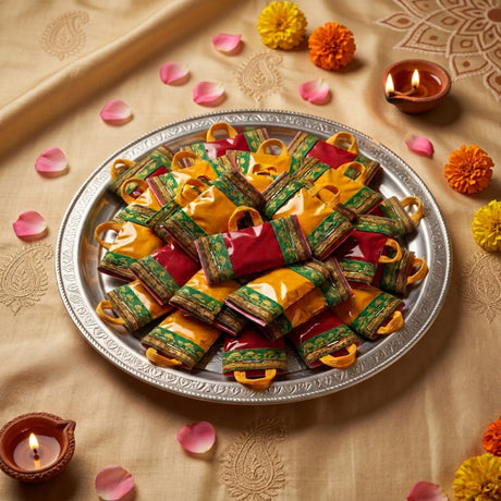 A silver platter displaying handbag style mini haldi kumkum packets in vibrant yellow and red for pooja thali and wedding favors
