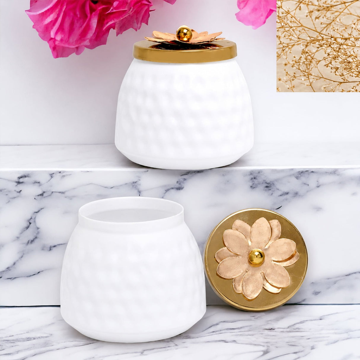 White ceramic dryfruits jar with a gold-toned floral lid and central golden sphere for decorative serving and gifting