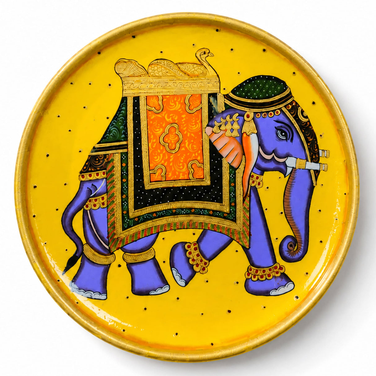 Decorative wooden plate with hand painted vibrant purple elephant and ornate gold green patterns on yellow for wall decor
